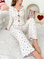 Ribbed Heart Print Pajama Set - View 18 | TEVQA