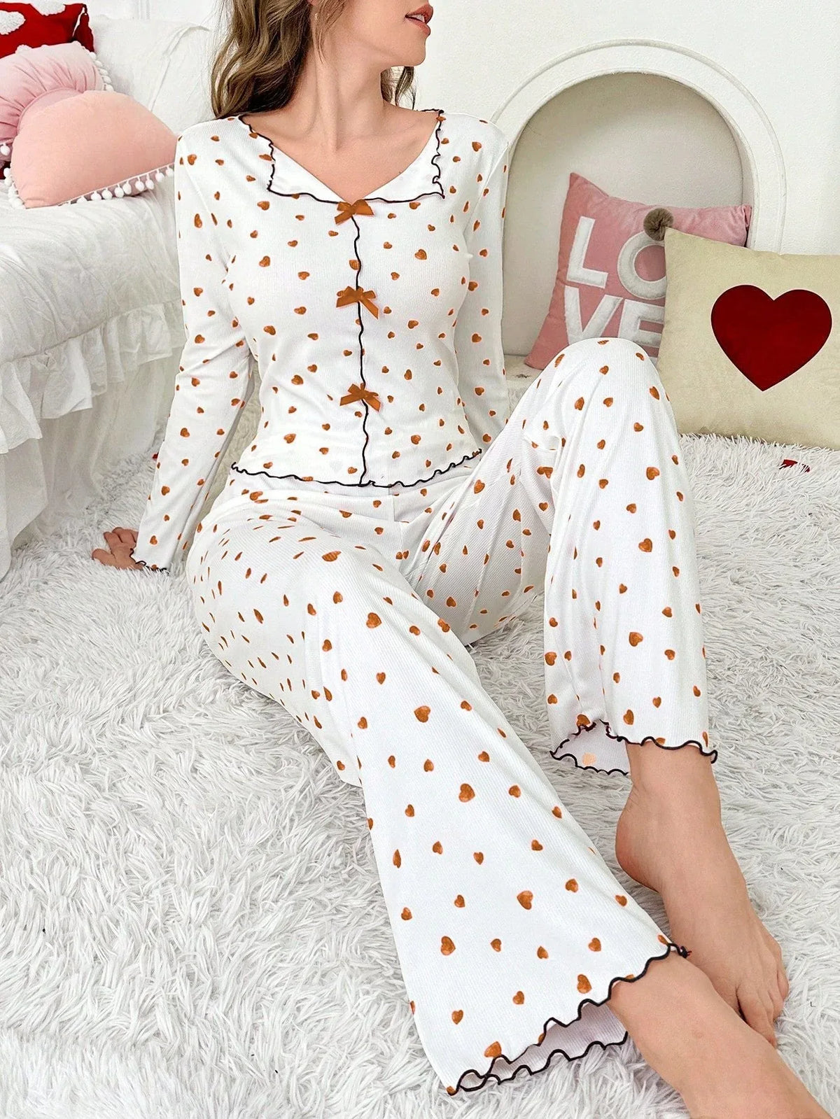 Ribbed Heart Print Pajama Set - View 18 | TEVQA