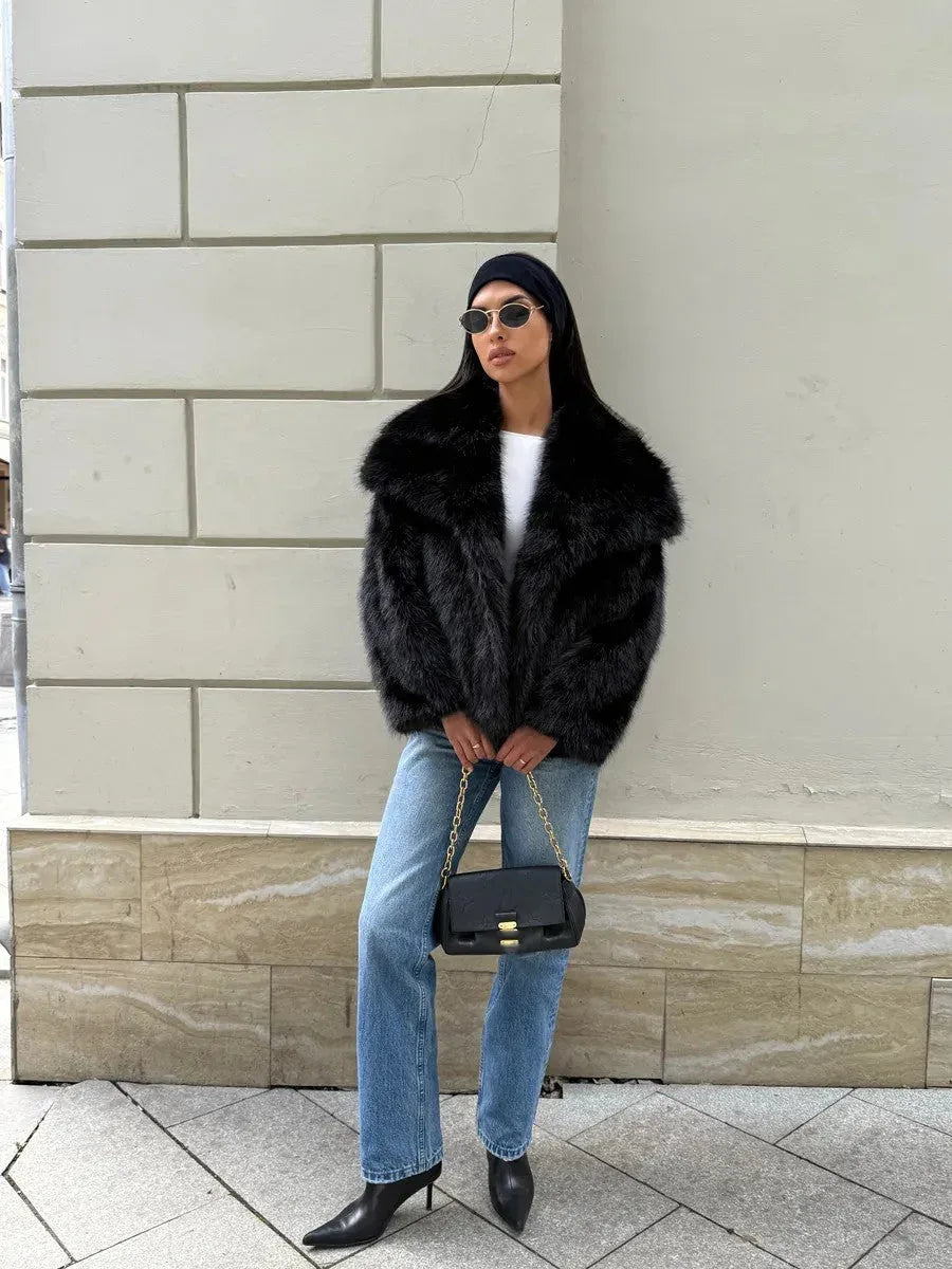 Cream Puff Oversized Lapel Faux Fur Jacket - TEVQA