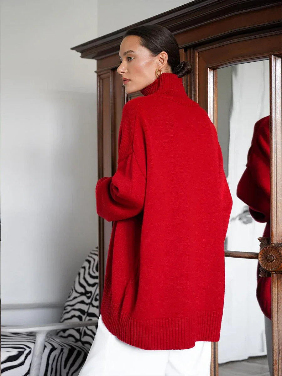 Effortless Oversized High-Neck Ribbed Knit Sweater - TEVQA