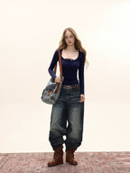 Square Neck Ribbed Knit Front Tie Long Sleeve Top