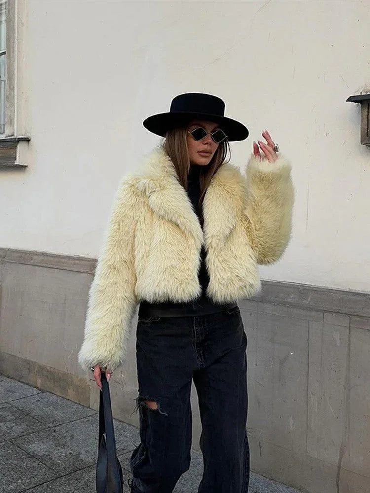 Cropped faux fur jacket with lapel collar - View 7 | TEVQA