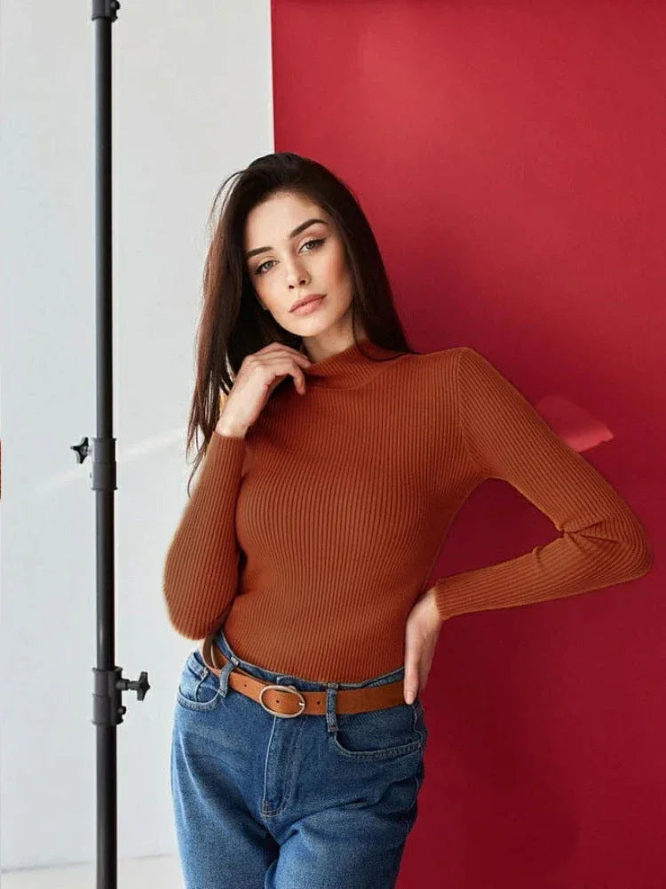 Essential Soft Ribbed Mock Neck Sweater - TEVQA