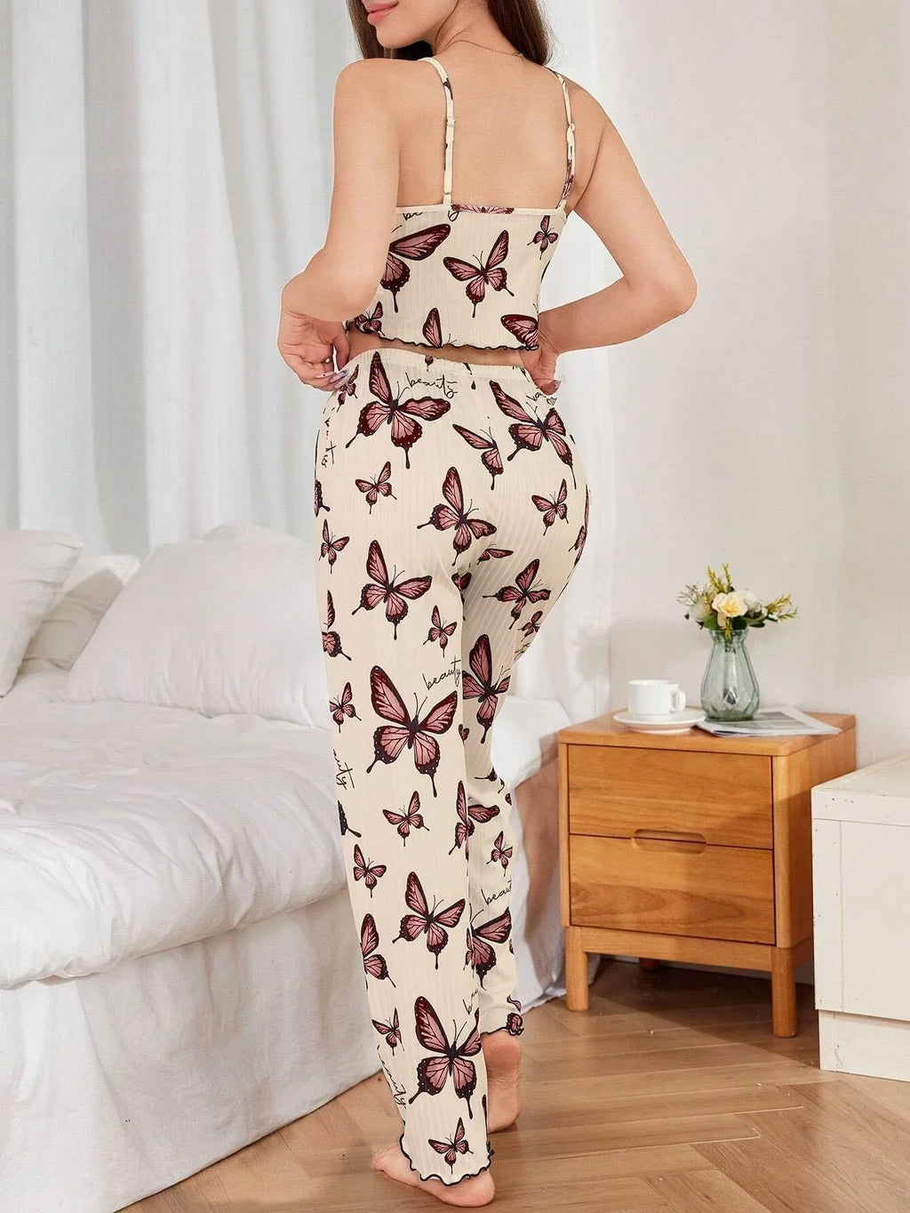 Ribbed cami and pants pajama set with butterfly print - View 22 | TEVQA