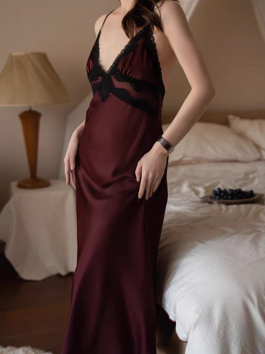 Vintage Burgundy | Lace Trim Satin Slip Dress