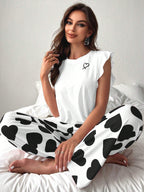 Heart print pajama set with ruffle sleeves - View 7 | TEVQA