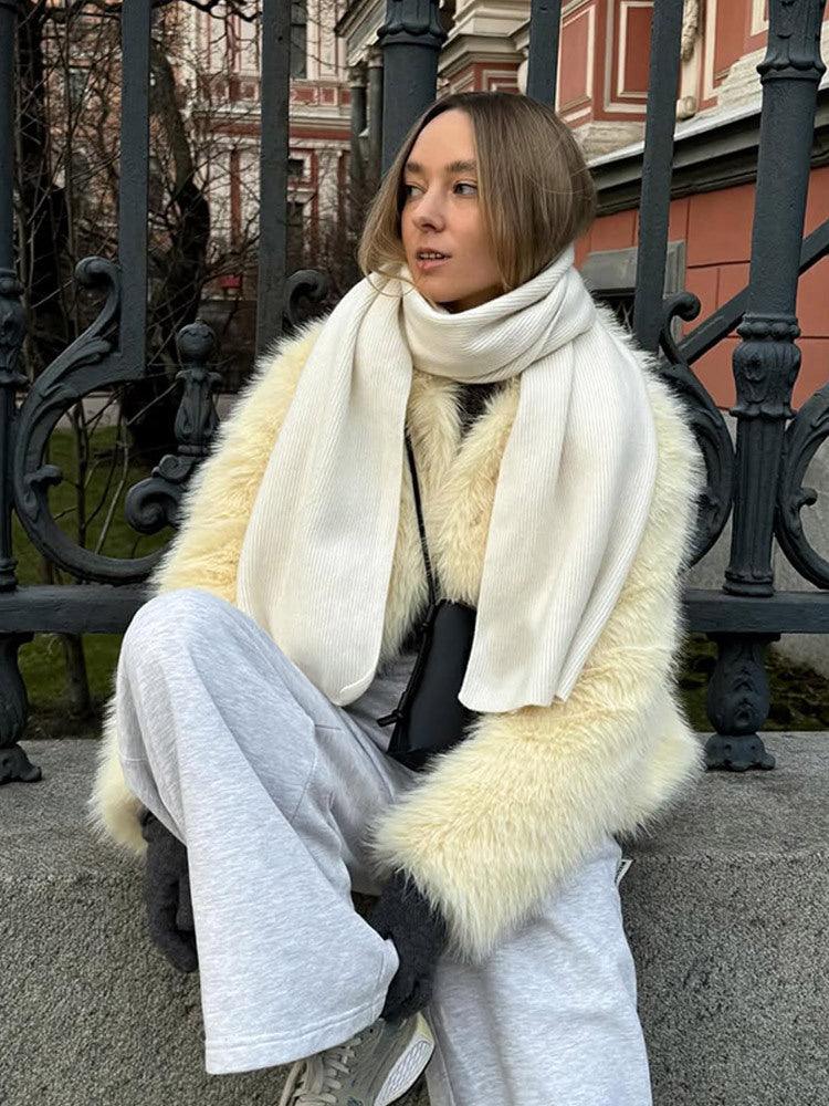 Cream plush faux fur cropped jacket - View 12 | TEVQA