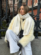 Cream plush faux fur cropped jacket - View 12 | TEVQA
