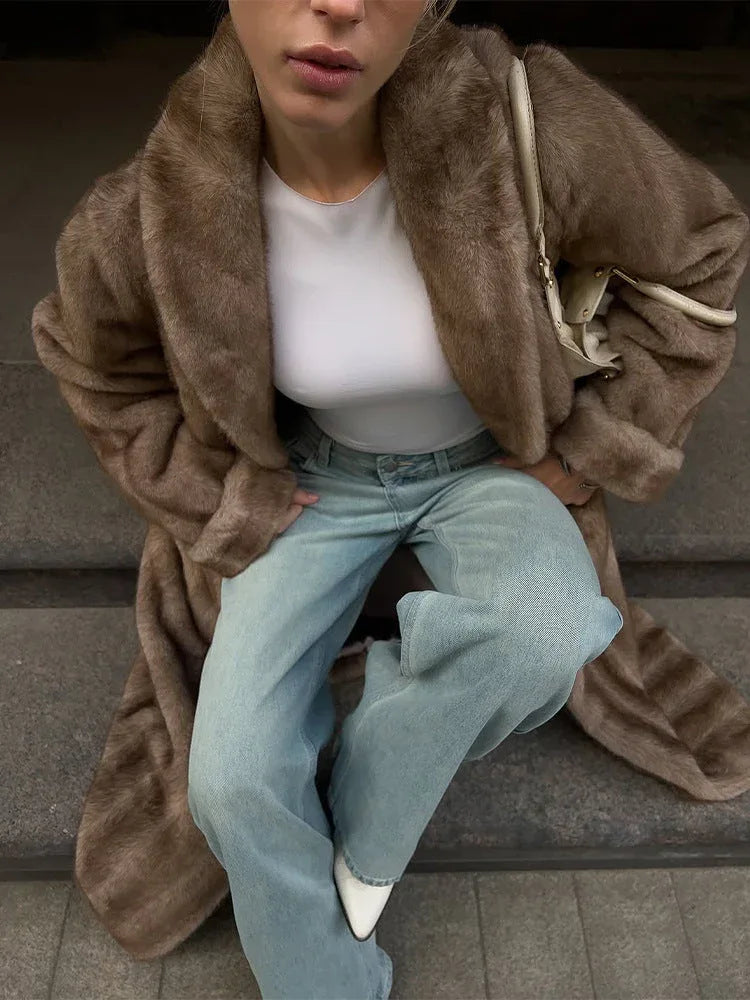 Vintage Mink Texture Faux Fur Long Coat - TEVQA