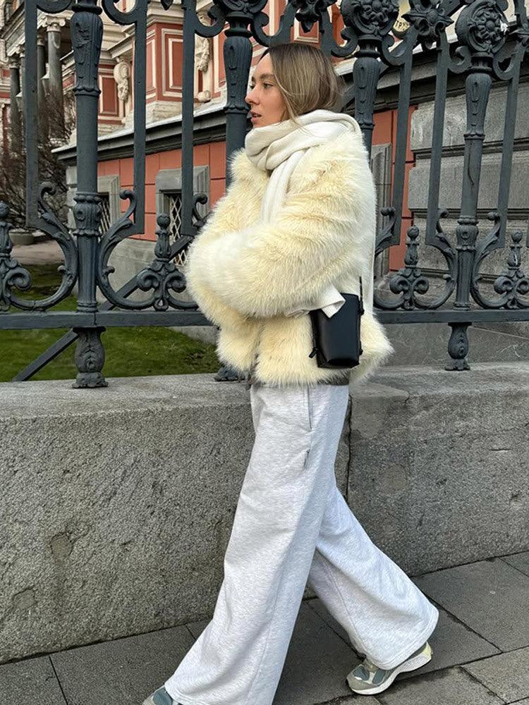 Cream plush faux fur cropped jacket - View 11 | TEVQA