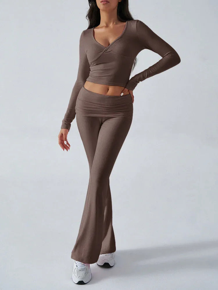 V-Neck Crop Top and Fold-Over Flare Pants Set - View 14 | TEVQA