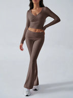 V-Neck Crop Top and Fold-Over Flare Pants Set - View 14 | TEVQA