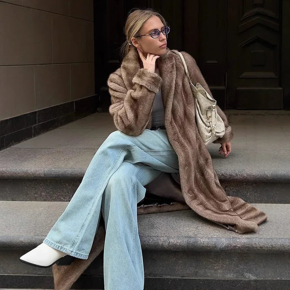 Vintage Mink Texture Faux Fur Long Coat - TEVQA