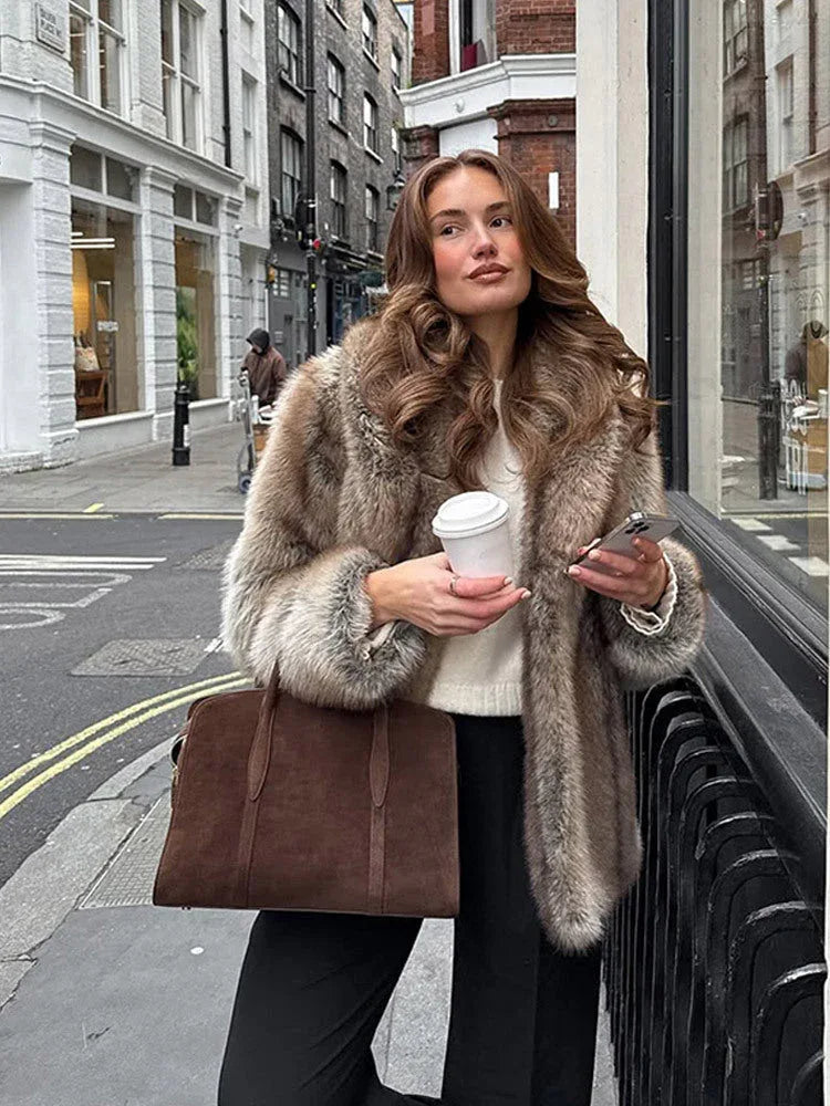 Vintage Natural Stripe Faux Fur Jacket - TEVQA