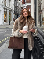 Vintage Natural Stripe Faux Fur Jacket - TEVQA