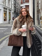 Vintage Natural Stripe Faux Fur Jacket - TEVQA