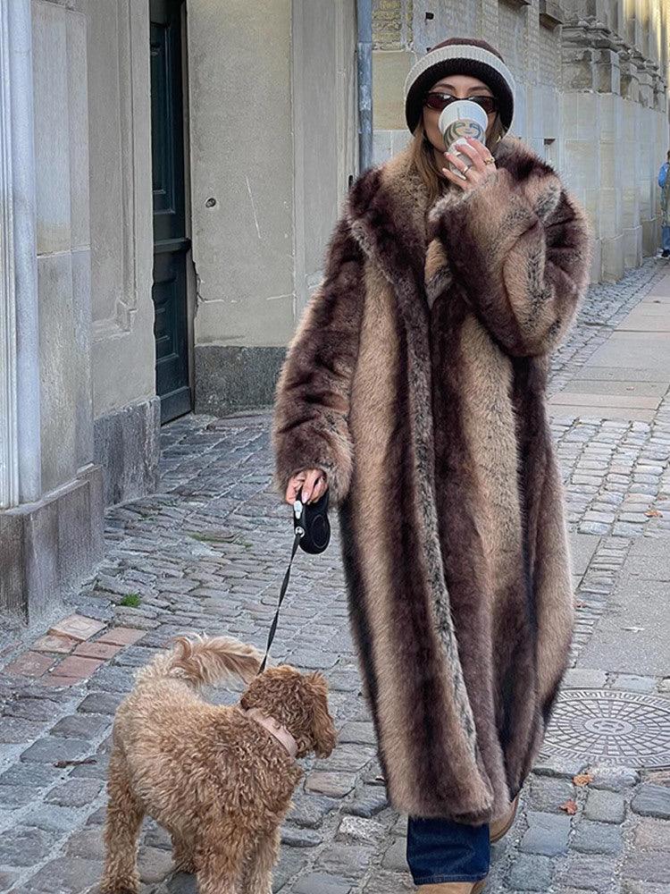 Vintage-Inspired Striped Faux Fur Long Coat - TEVQA