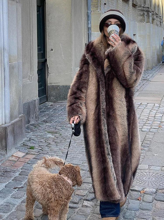 Vintage-Inspired Striped Faux Fur Long Coat - TEVQA