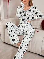 Ribbed Heart Print Pajama Set - View 16 | TEVQA