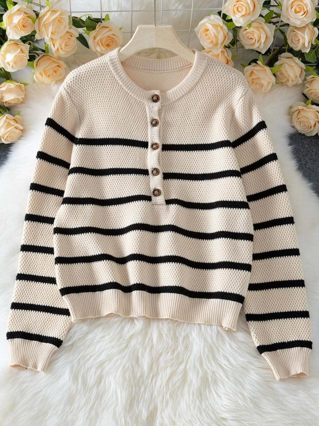 Classic Striped Waffle Knit Henley Sweater in cream and black - View 6 | TEVQA