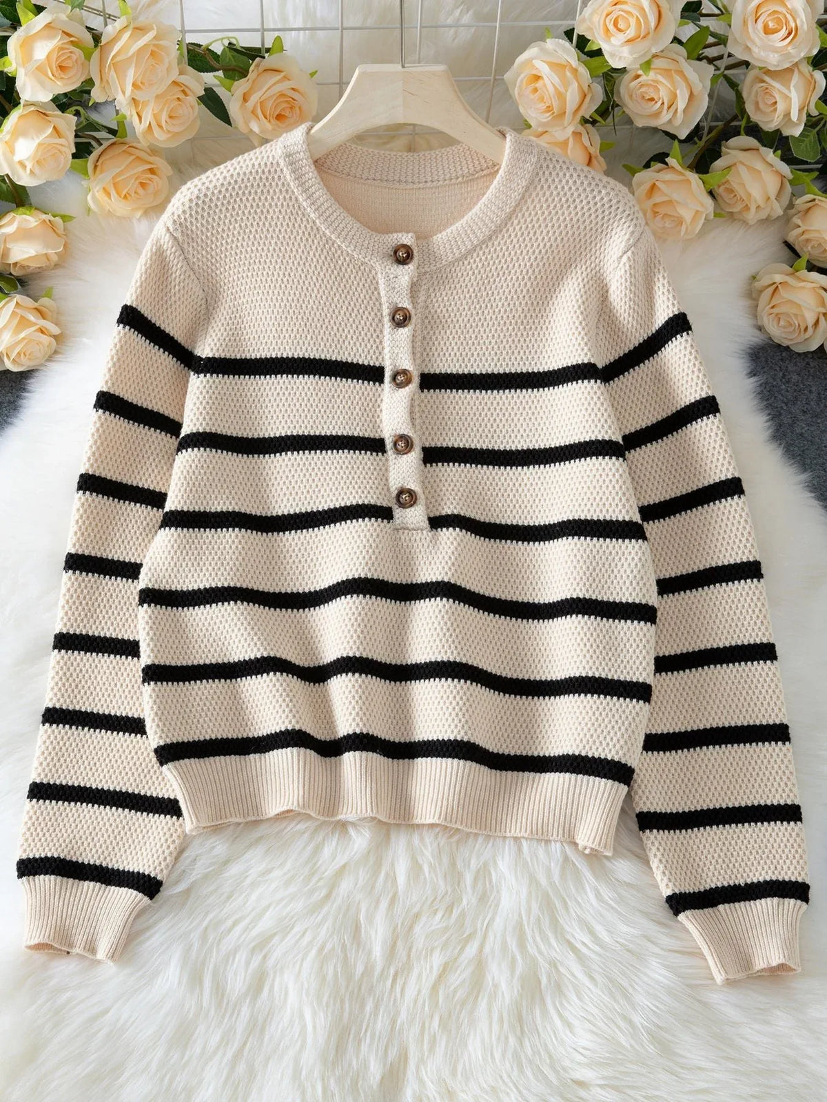 Classic Striped Waffle Knit Henley Sweater in cream and black - View 6 | TEVQA
