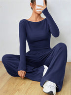 Women's Boat Neck Wide Leg Two-Piece Set - View 14 | TEVQA