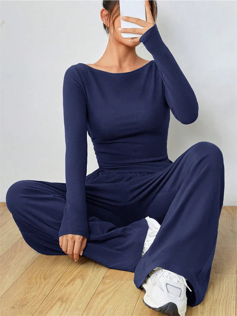 Women's Boat Neck Wide Leg Two-Piece Set - View 14 | TEVQA