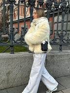 Cream plush faux fur cropped jacket - View 8 | TEVQA