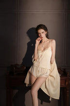 Sage Serenity | Lace Trim Satin 3-Piece Pajama Set - TEVQA
