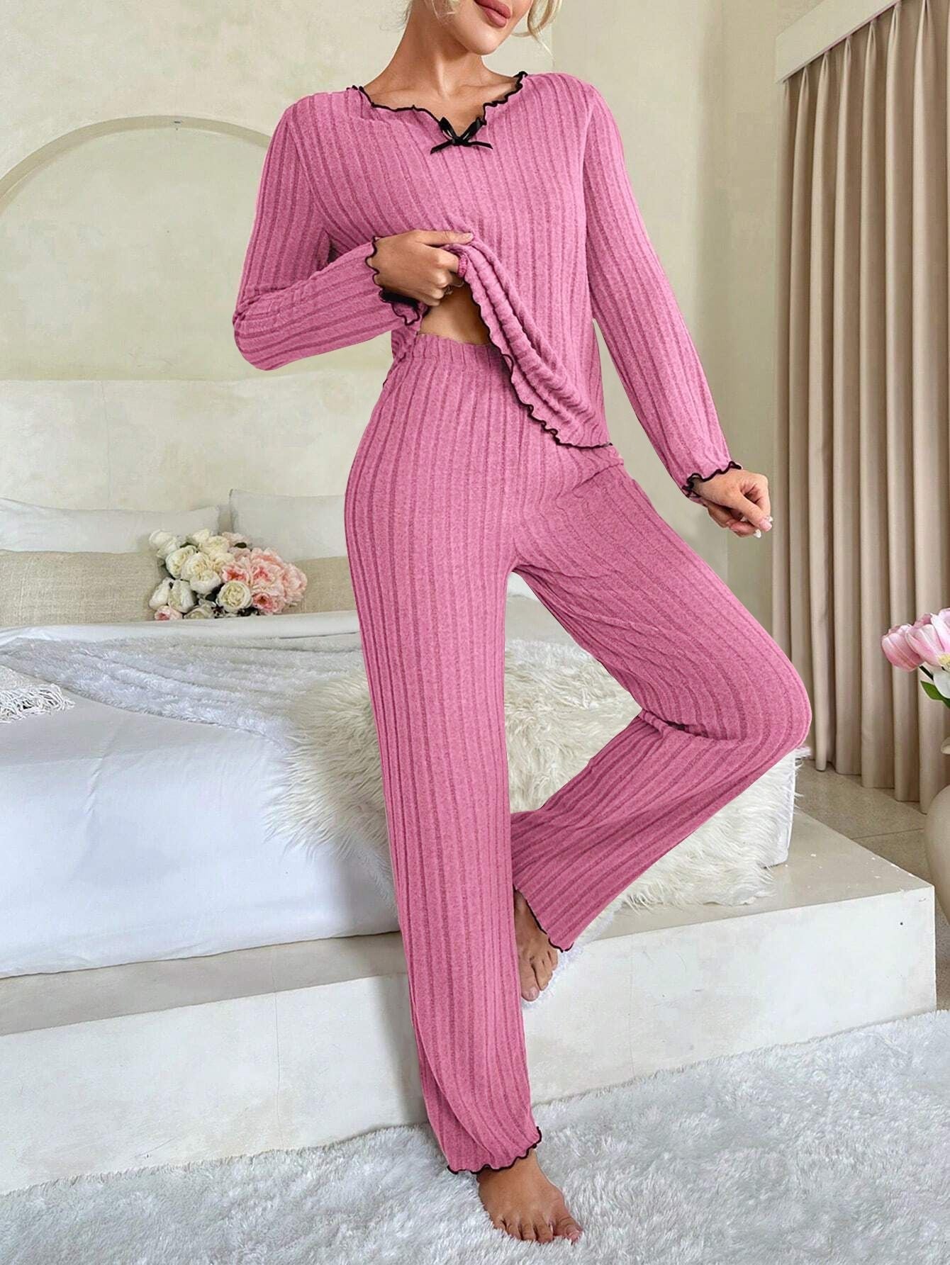 Coquette Contrast Trim Ribbed Pajama Set