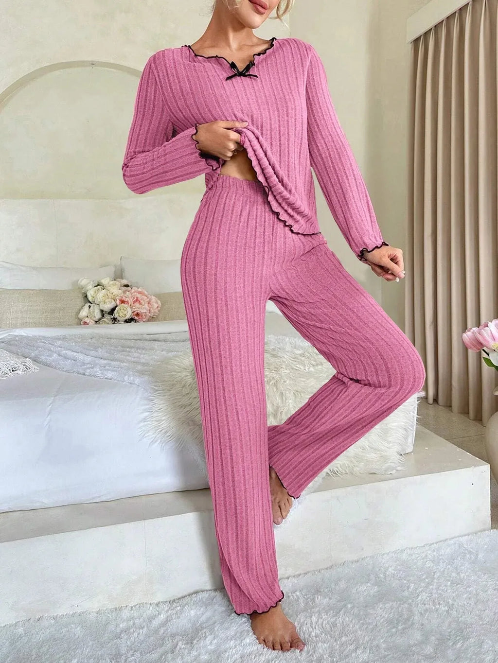 Ribbed Pajama Set with Contrast Trim - View 22 | TEVQA