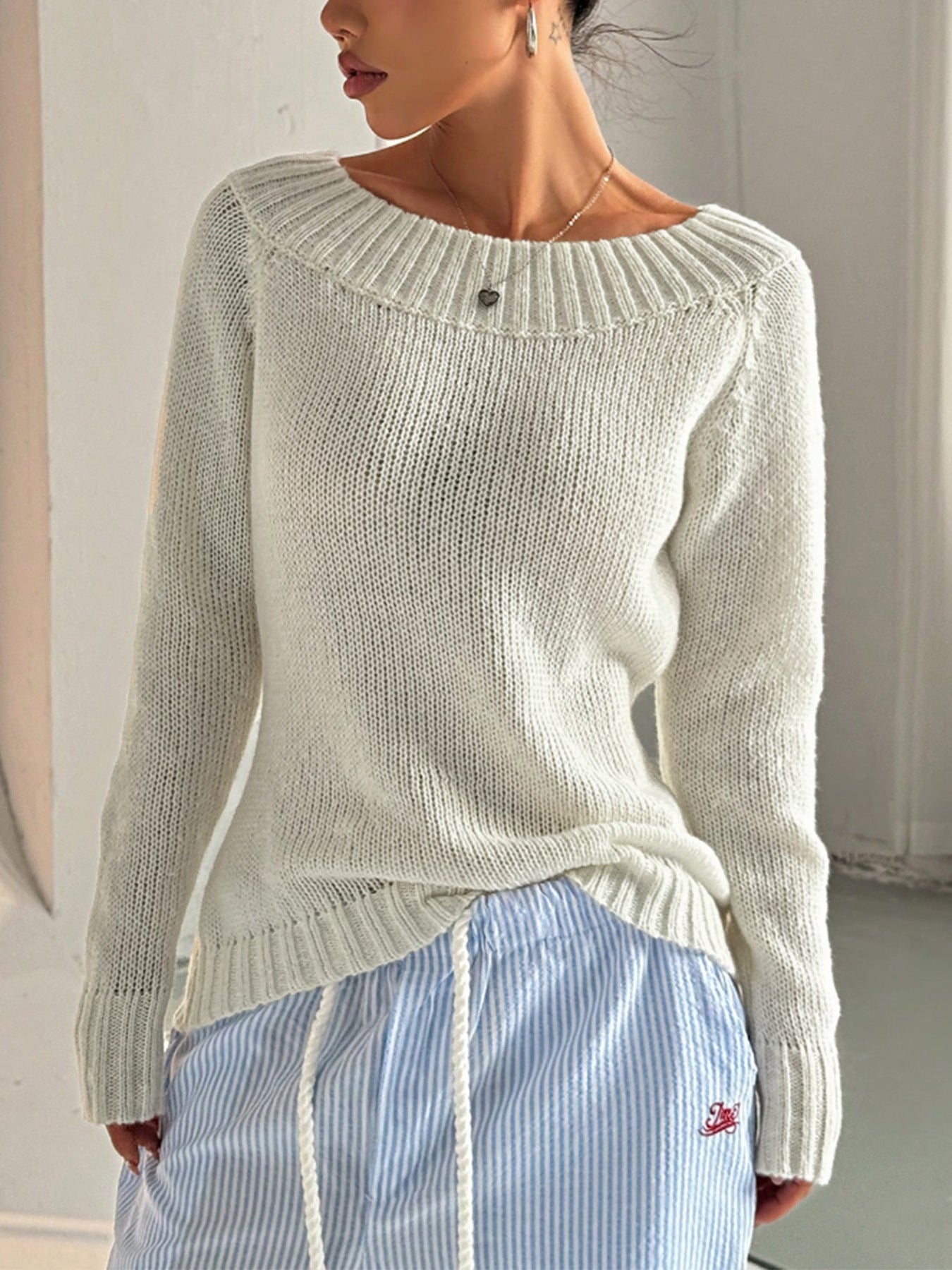 Versatile Off-Shoulder Ribbed Knit Sweater