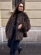 Shaggy Faux Fur Round Neck Jacket - View 12 | TEVQA