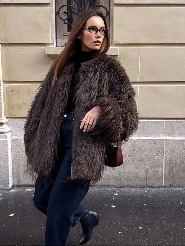 Shaggy Faux Fur Round Neck Jacket - View 12 | TEVQA