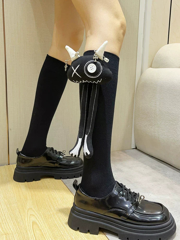 3D Monster Doll Ribbed Knee High Socks Black