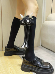 3D Monster Doll Ribbed Knee High Socks Black