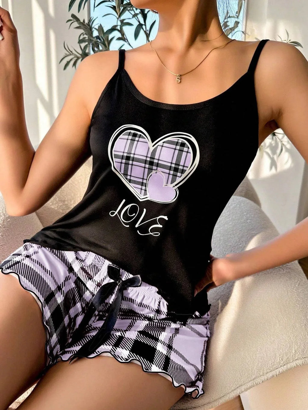 Plaid Heart Print Cami & Shorts Set - View 18 | TEVQA