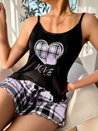 Plaid Heart Print Cami & Shorts Set - View 18 | TEVQA