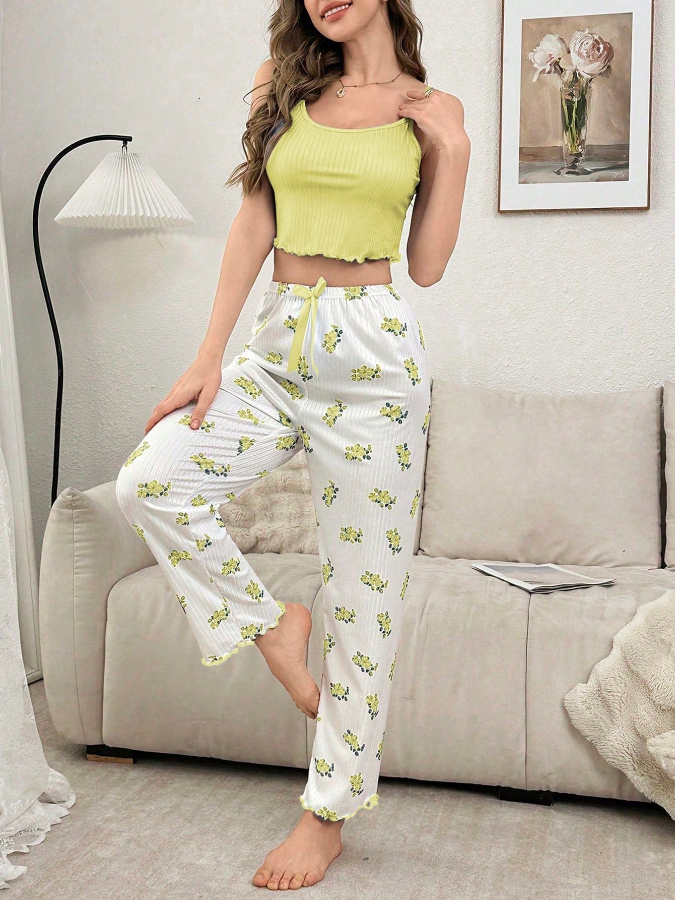 Pink Ribbed Cami & Floral Pants Set