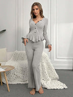 Ribbed Peplum Knit Lounge Set - View 18 | TEVQA