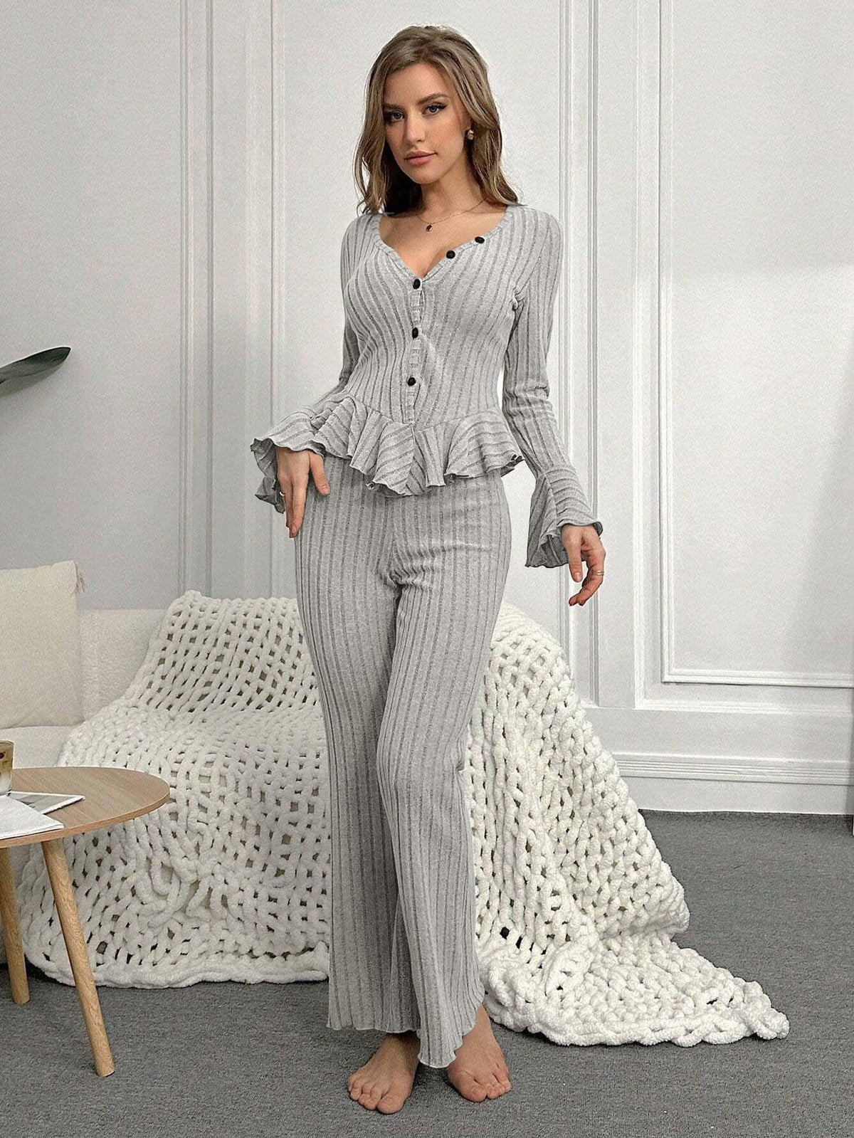 Ribbed Peplum Knit Lounge Set - View 18 | TEVQA