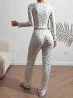 Ribbed Heart Print Pajama Set - View 18 | TEVQA