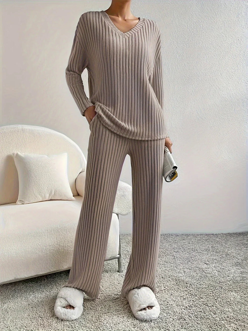 Serenity Blue Ribbed Knit Lounge Set - View 9 | TEVQA