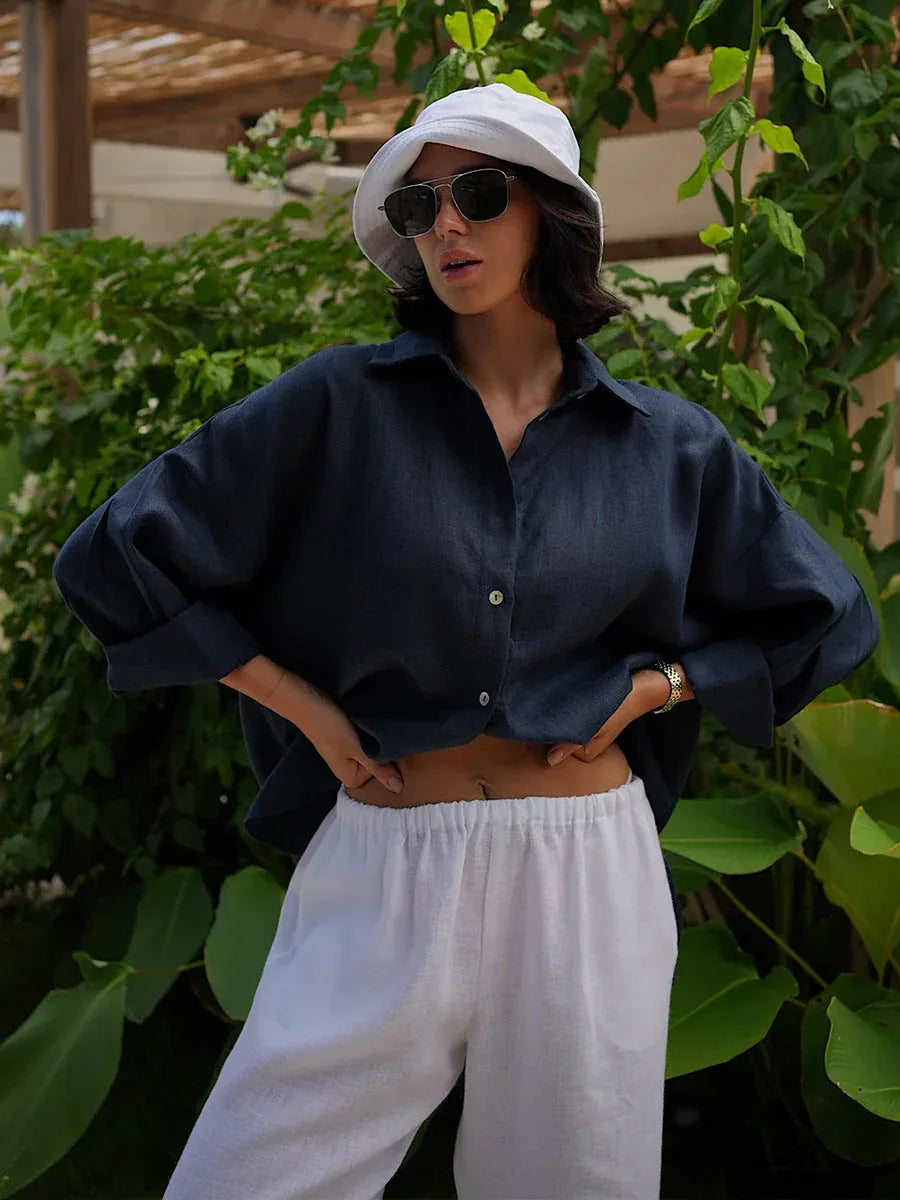 Effortless 100% Cotton Oversized Button Down Shirt - TEVQA