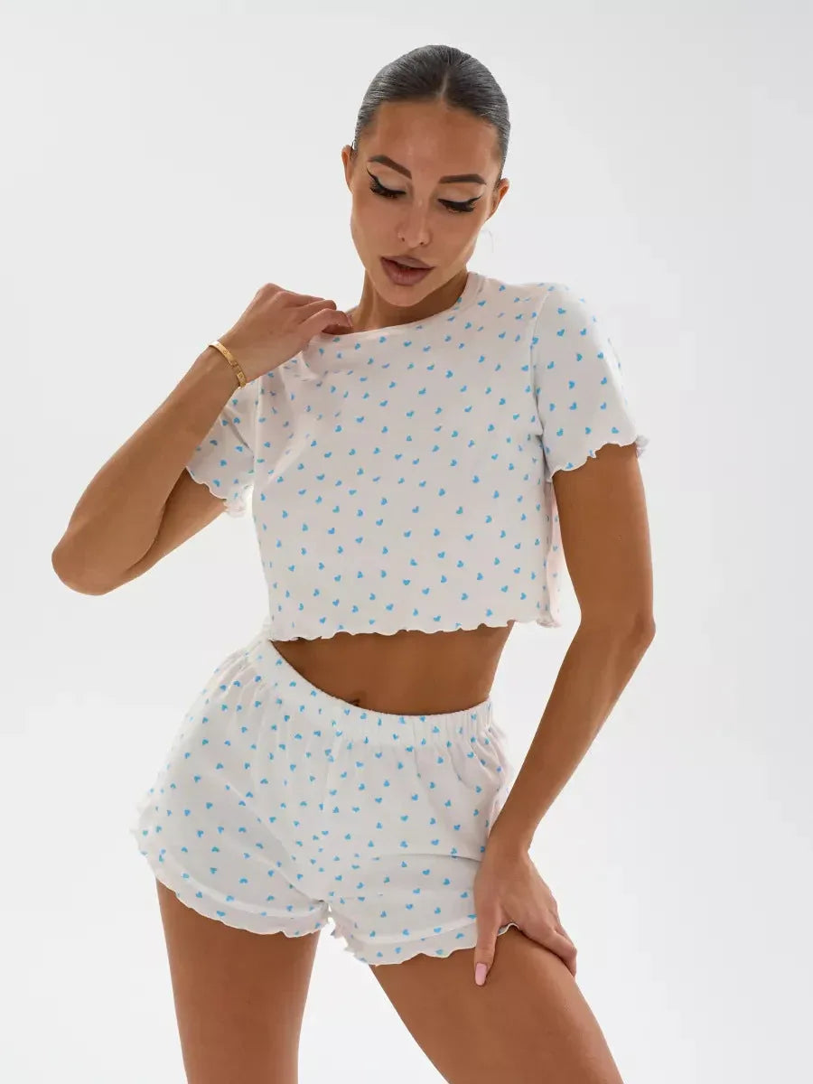 Ditsy Heart Print Ribbed Tee & Shorts Set - View 22 | TEVQA