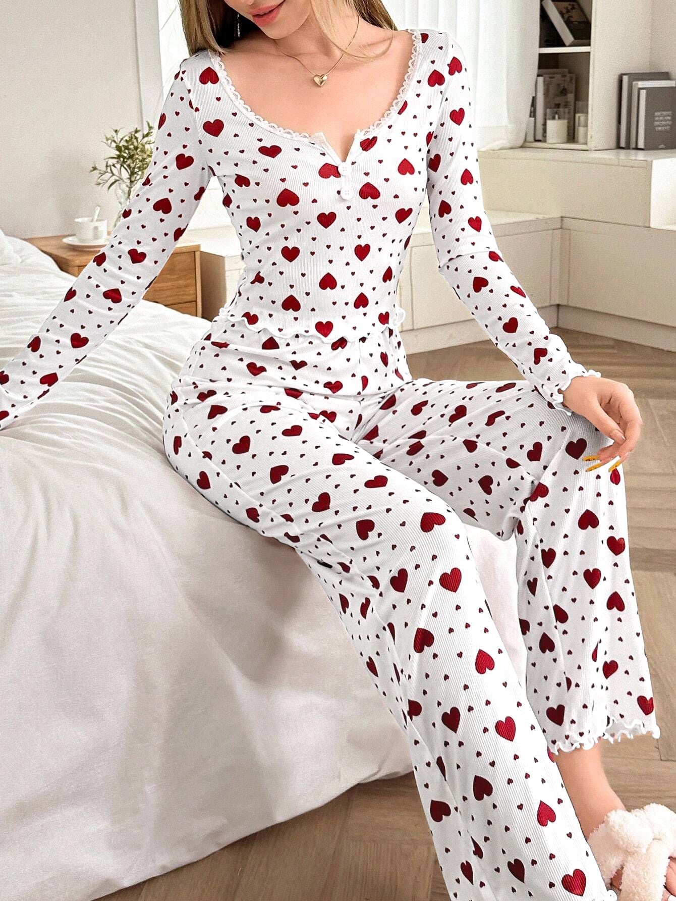 Pink Heart Print Ribbed Henley Pajama Set