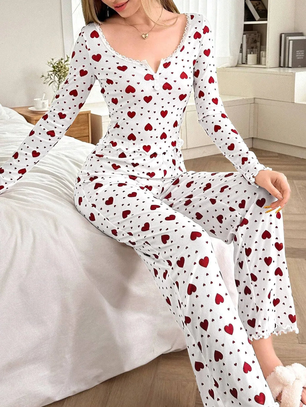 Ribbed Heart Print Pajama Set - View 39 | TEVQA