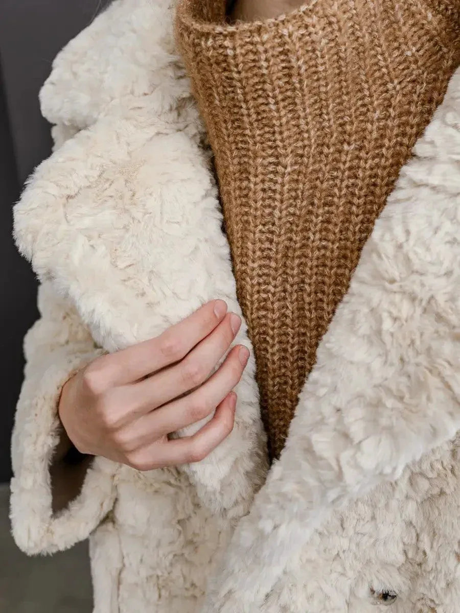 Vanilla Cream Textured Faux Rabbit Fur Coat - TEVQA