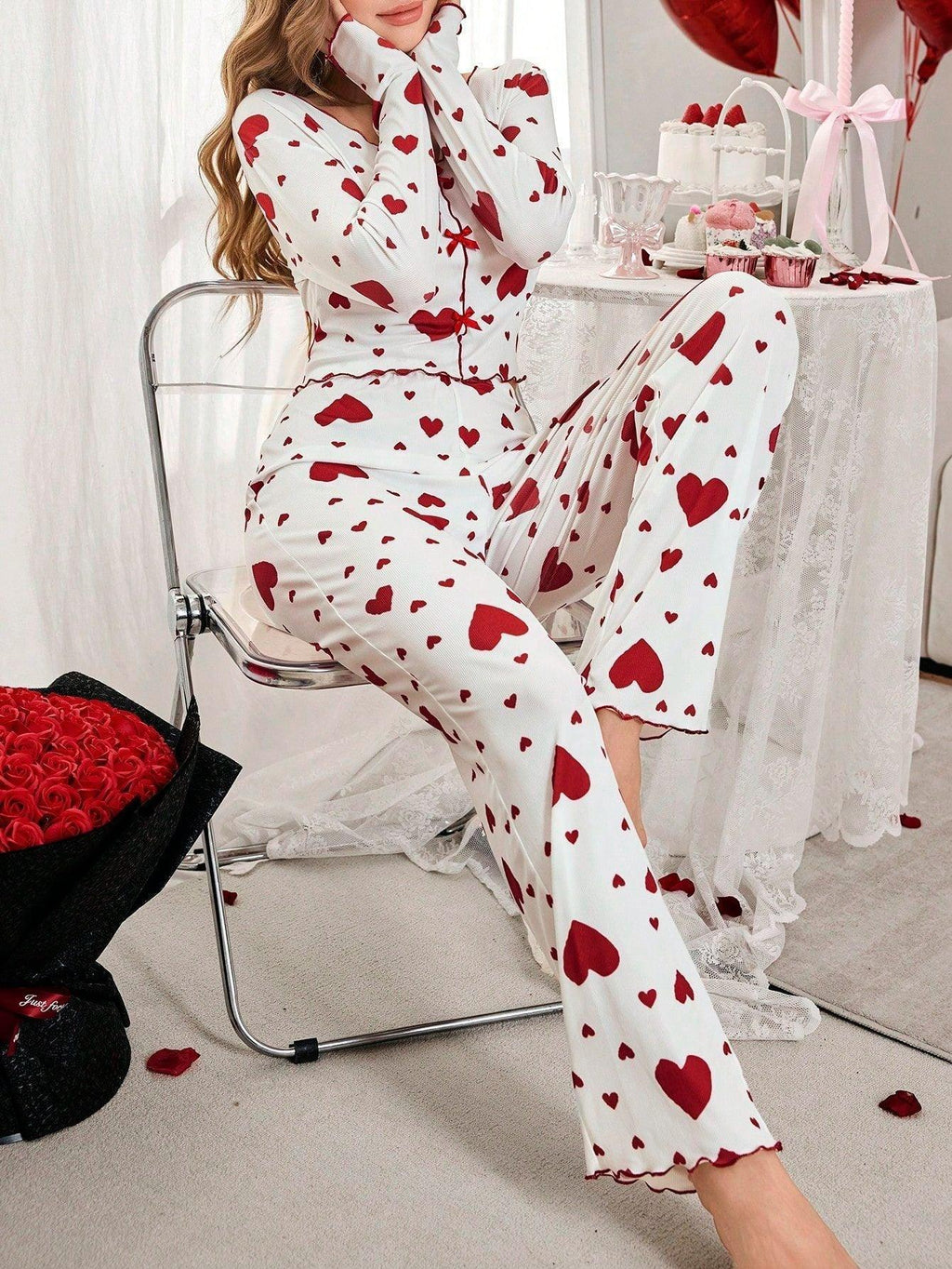 Ribbed Heart Print Pajama Set - View 6 | TEVQA