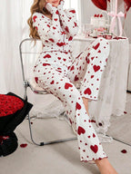 Ribbed Heart Print Pajama Set - View 6 | TEVQA